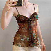 BXOXO Retro Mesh Floral Print Camis Sexy See Through Sleeveless Crop Top y2k Vintage Ruffles Tee Summer Holiday Transparent Top
